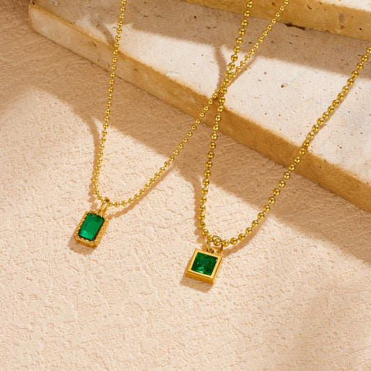 Vintage Gold Plated Square Geometric Cubic Zirconia Stainless Steel Ball Chain Necklace for Women
