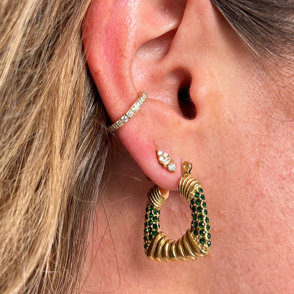 Vintage-Style Geometric Trapezoid Stainless Steel Earrings with 18K Gold Plating and Zircon Inlay