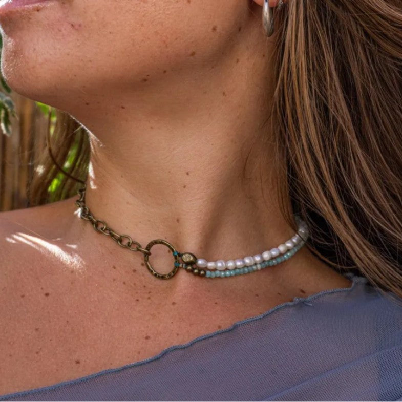 Retro Beach Vacation Style Geometric Pendant Necklace with Imitation Pearl and Glass Beads on Electroplated Alloy O-Chain for Women and Men