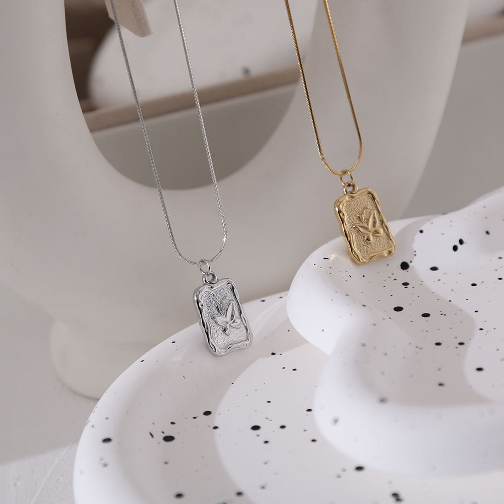 Vintage Floral Butterfly Pendant Necklace in Titanium Steel with Gold Plating for Women Snake Chain Delicate Clavicle Jewelry