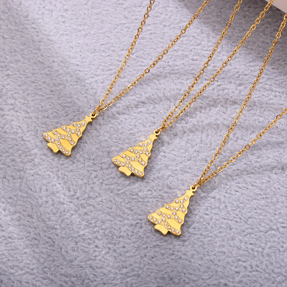 Collar con colgante de árbol de Navidad con noria geométrica de lujo en acero inoxidable con circonita, chapado en oro PVD, regalo romántico para mujer
