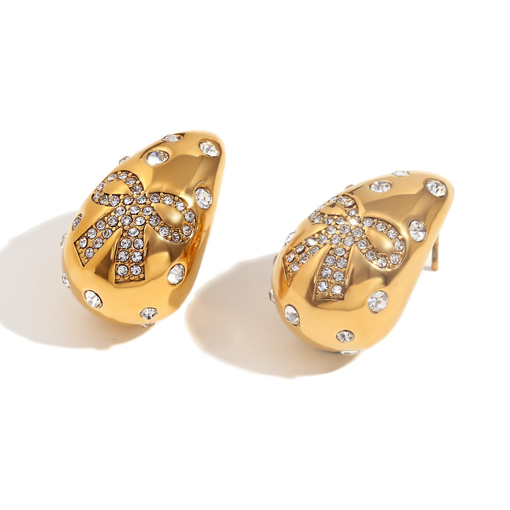 Fashionable Water-Drop-Shaped Stainless Steel Earrings with 18K Gold Plating and Rhinestone Inlay for Women