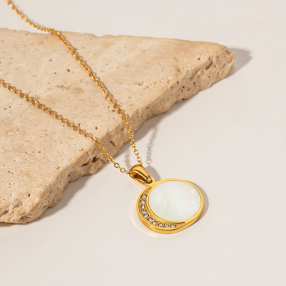 Trendy Geometric Sun and Moon Pendant Necklace with Shell and Zircon, 18K Gold Plated Stainless Steel Chain for Women