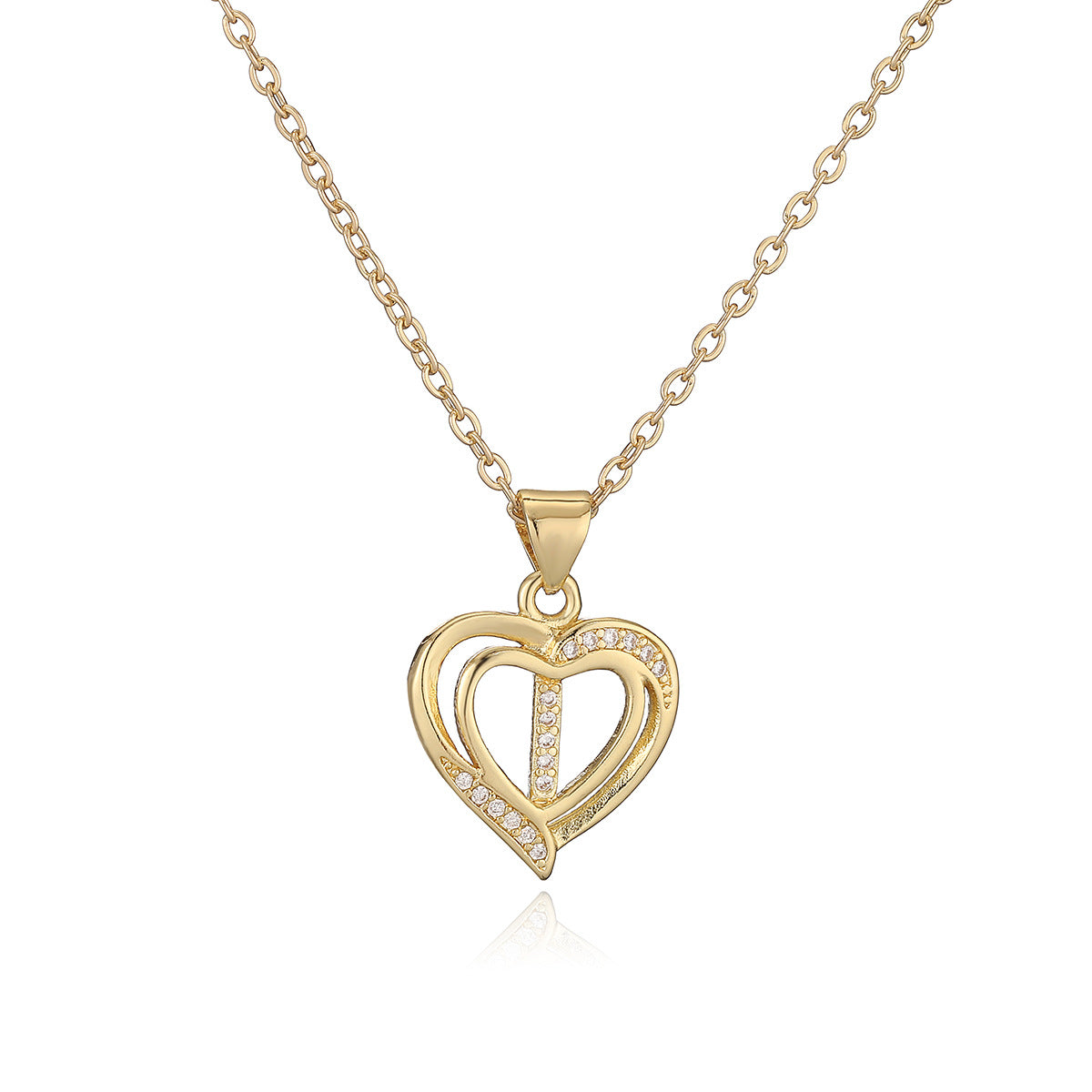 Collana con Pendente Minimalista in Rame, Placcatura in Oro 18K e Dettagli in Zircone a Forma di Cuore e Lettera per Donne