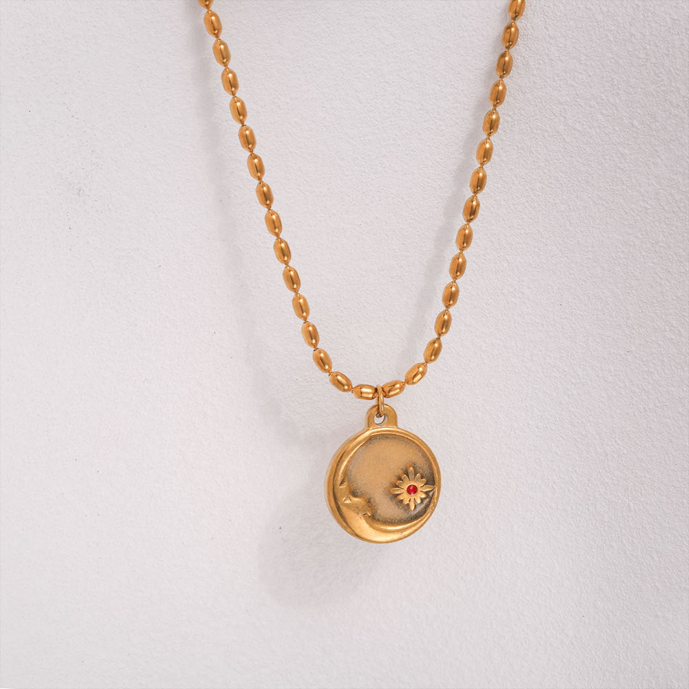Collar Redondo con Moneda 3D Retro de Sol y Luna que Brilla en la Oscuridad, de Acero Inoxidable con Chapado en Oro de 18K, Cadena a la Clavícula con Destellos