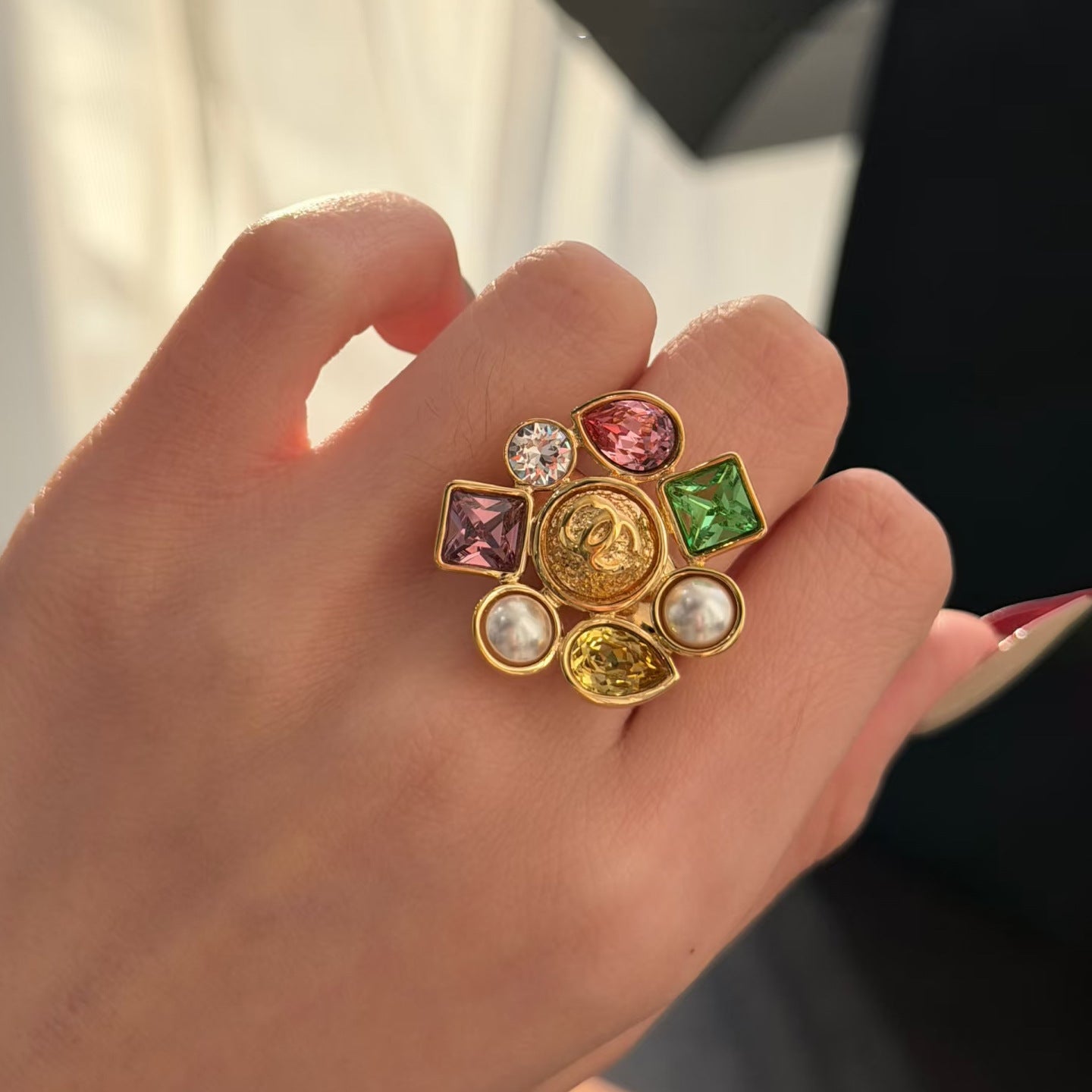 Vintage Elegant Letter Floral Gold Plated Brass Crystal Ring for Women