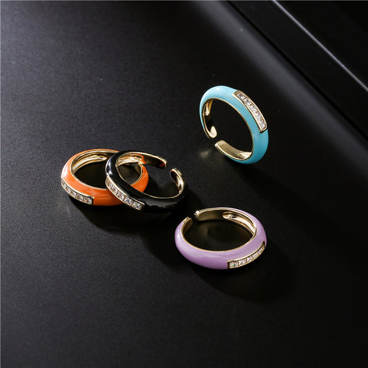 18K Gold Drip Oil Geometric Brass Micro-inlay Cubic Zirconia Ring for Women