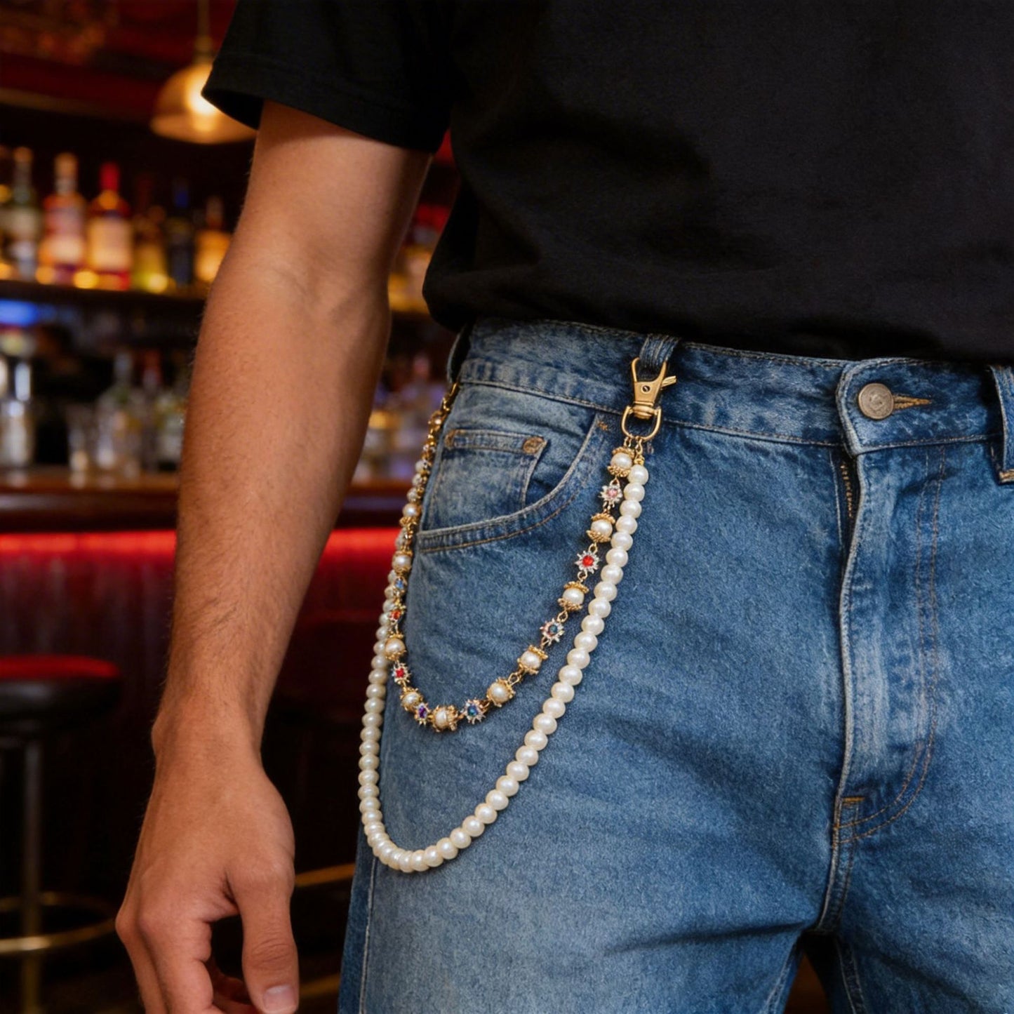 Hip-hop Punk Floral Rhinestone Pearl Polished Zinc Alloy Waist Chain for Unisex