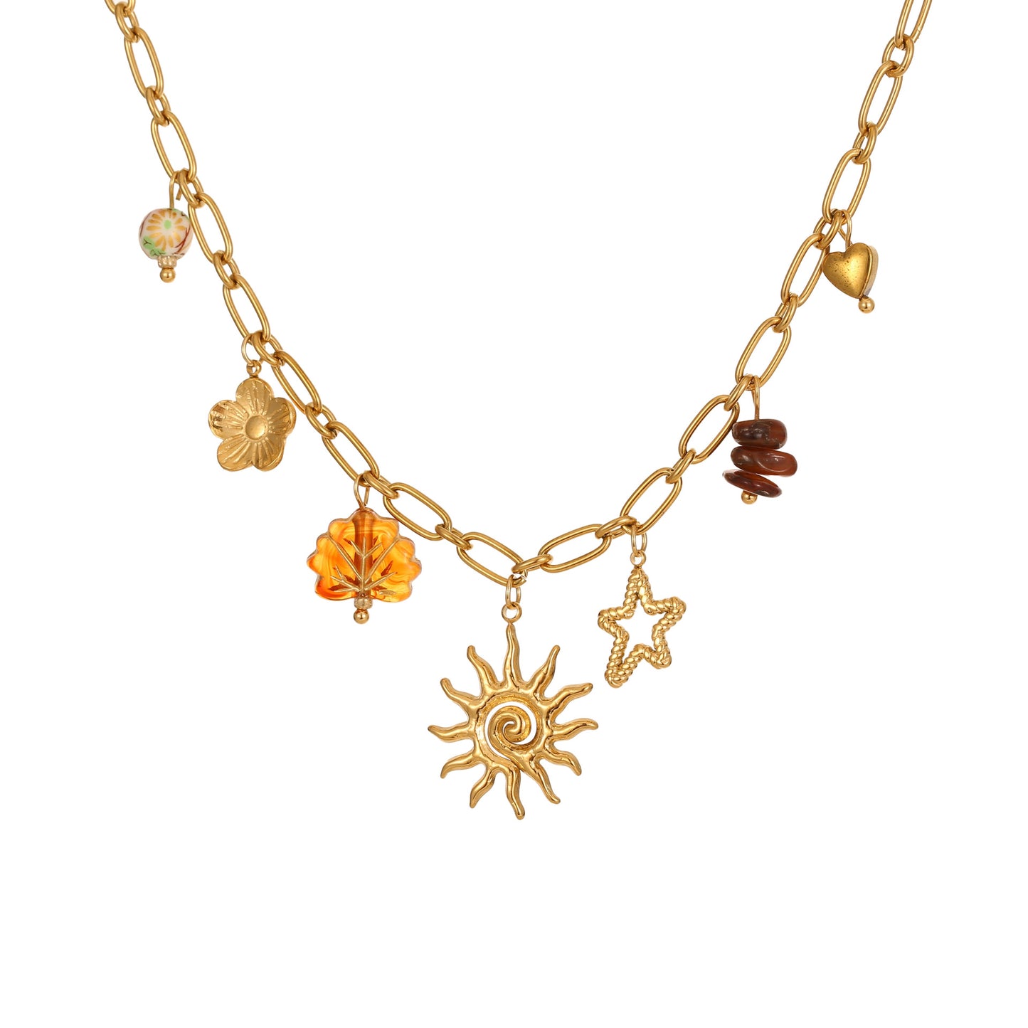 Fashionable Heart and Sun Pendant Necklace in Stainless Steel with Plated Finish for Women