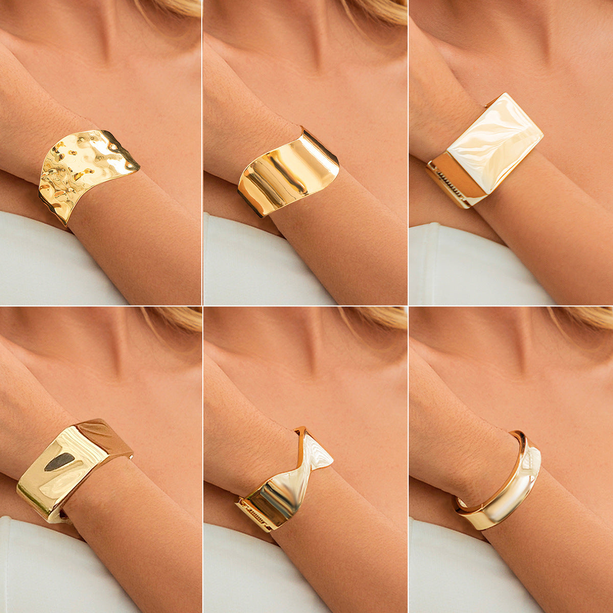 Pulsera Minimalista de Metal Pulido Irregular con Apertura Ancha en Forma de C y Textura de Líneas Geométricas