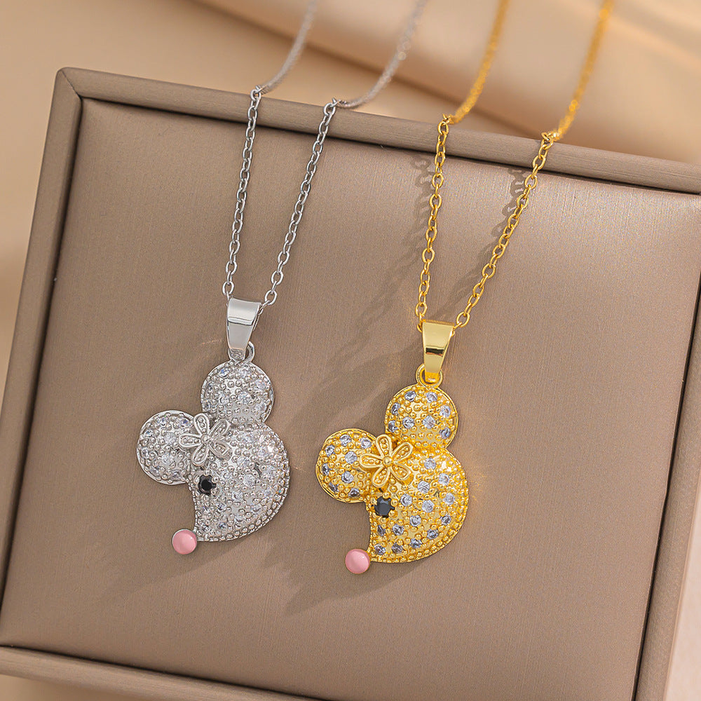 Collana con Ciondolo Topolino Floreale di Lusso per Donna, Catena a Serpente in Acciaio al Titanio con Intarsio di Strass