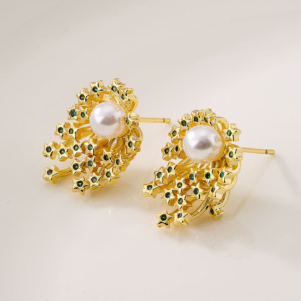 Geometric Copper Earrings with 18K Gold Plating, Zircon Inlay, and Pearl Accents — Minimalist Luxury Fashion Ear Jewelry