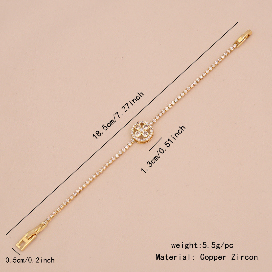 Bracciale da donna placcato oro 18K con zirconi, design alla moda a cuore e floreale