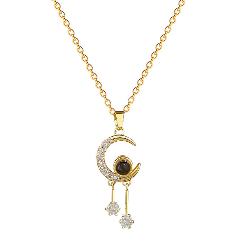 Sweet Luxury Moon Rhinestone Tassel Projection Necklace Titanium Steel Unisex