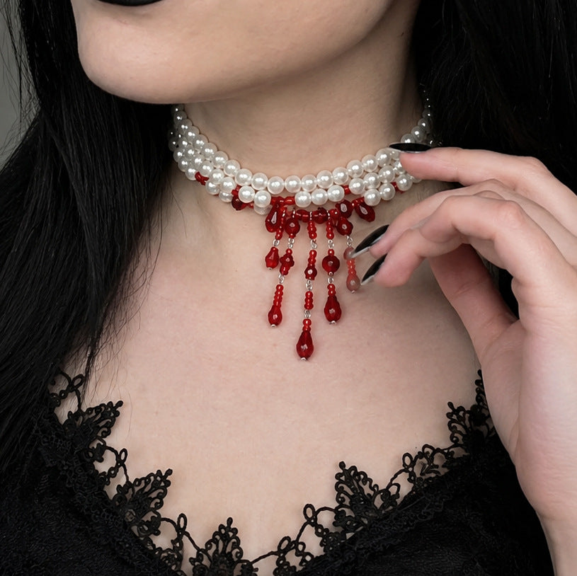Gothic Geometric Teardrop Crystal Pendant Imitation Pearl Ball Chain Choker Necklace with Tassel for Women