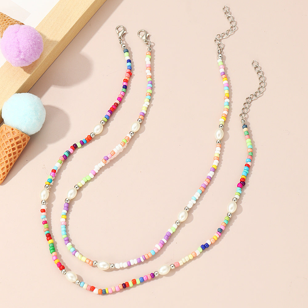 Collar Minimalista Geométrico de Doble Capa para Niñas Hecho de Cristal y Acrílico con Cadena de Bolas Redondas