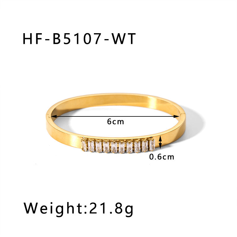 Vintage-Inspired Titanium Steel Cuff Bracelet with Zircon Inlay, Asymmetrical Design, Vacuum-Plated 18K Gold Finish for Women