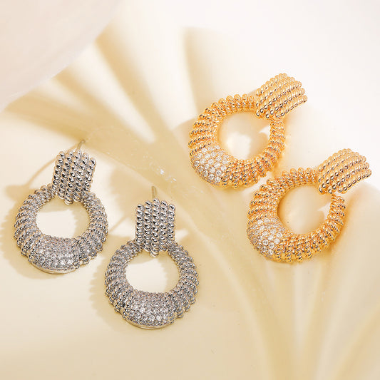 Vintage-Style Geometric Copper Earrings with 18K Gold Plating and Zircon Accents for Women