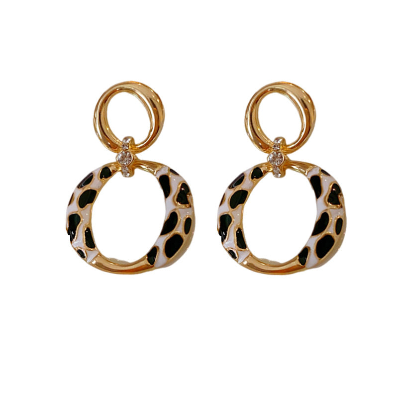 Vintage-Style Geometric Round Hoop Earrings for Women with Alloy Base Plated in Silver Tone Enamel Leopard Print and Rhinestone Inlay