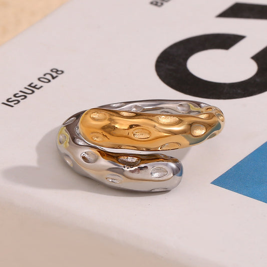 Vintage-Inspired Irregular Hammered Texture Stainless Steel Open Snake Ring for Women with 18K Gold Plating