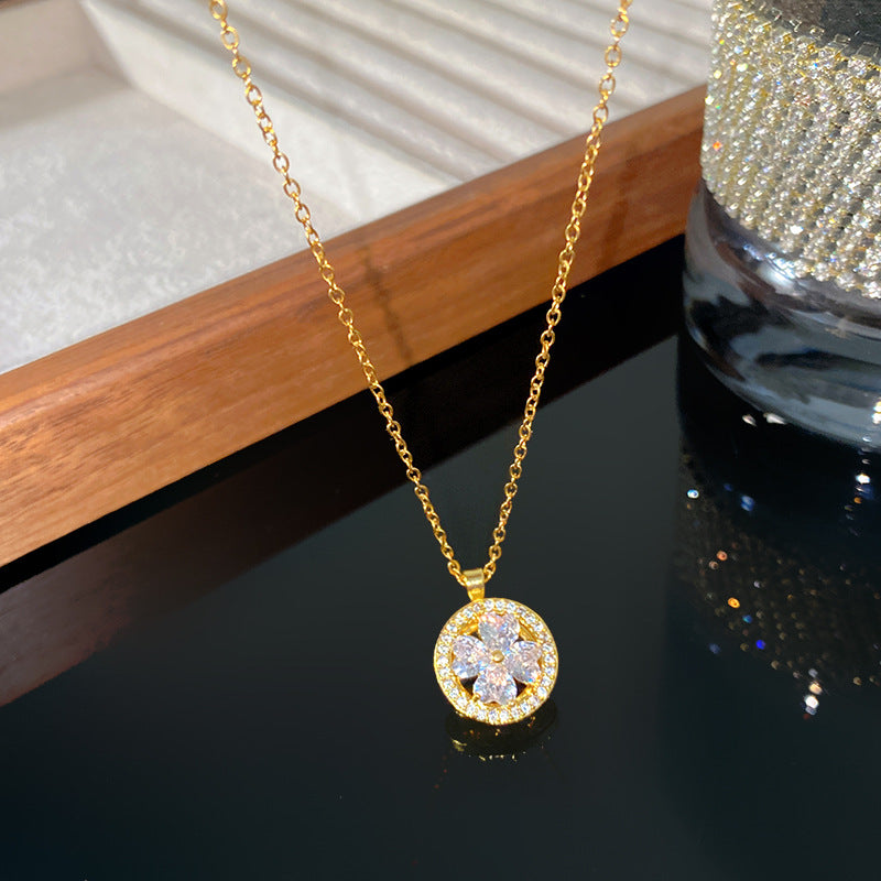 Sweet Sporty Full Cubic Zirconia Plant Shape Titanium Steel Plated Necklace for Women