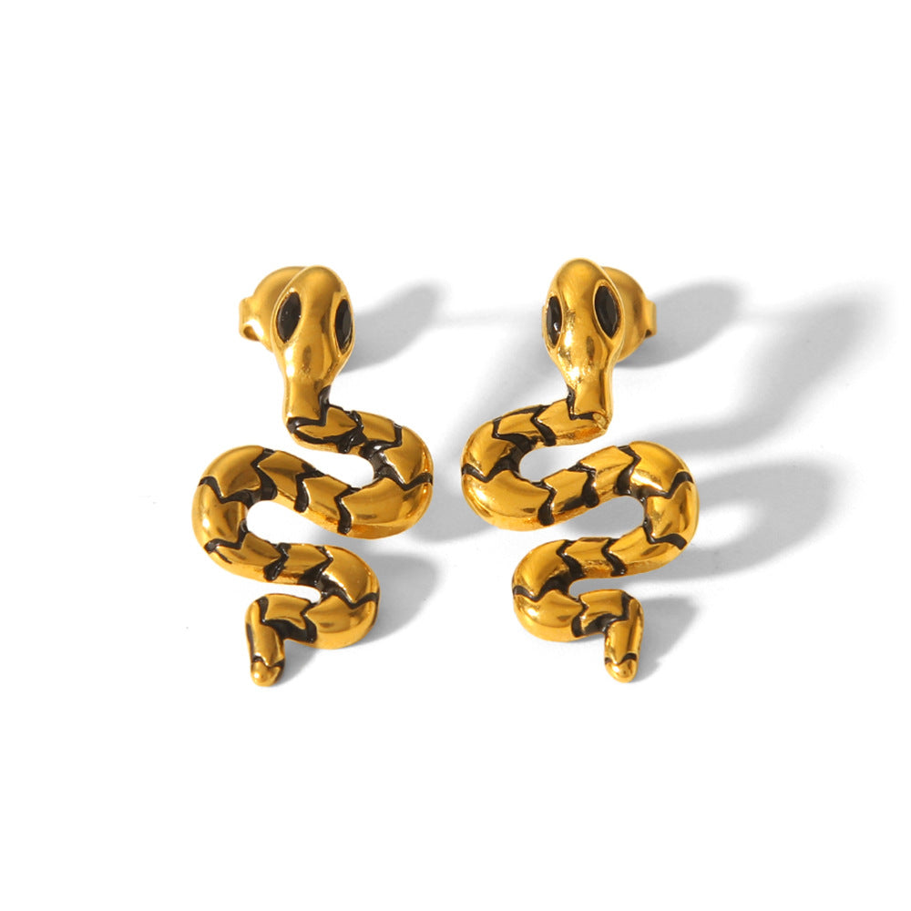 Fashionable Geometric Snake Stud Earrings 18K Gold Plated Stainless Steel for Women