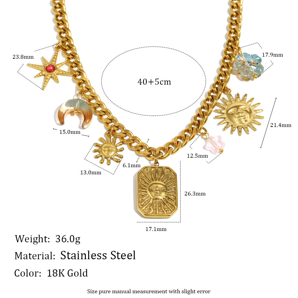 Collana Pendente Minimalista Geometrica Sole Luna e Ottagramma in Acciaio Inossidabile Placcato Oro 18K da Donna