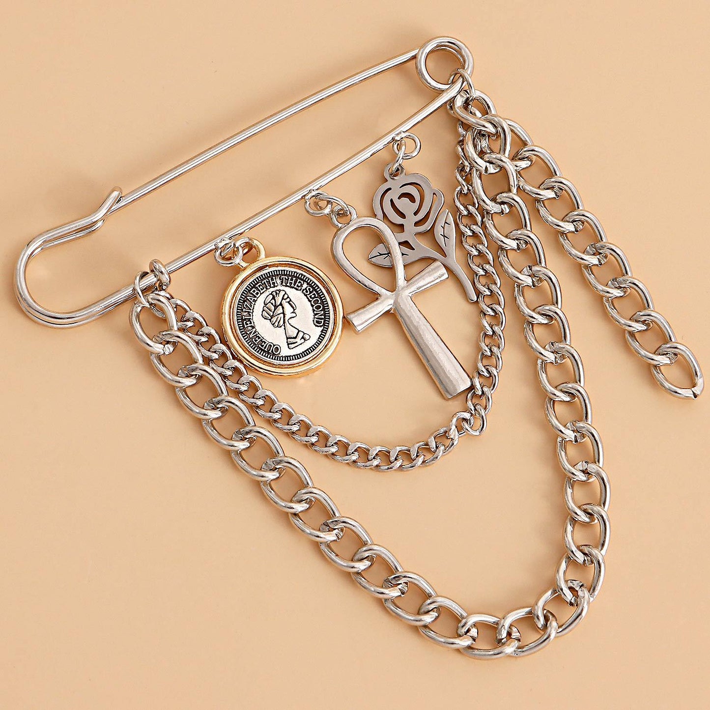 Punk Style Geometric Rose Flower Brooch with Tassel for Women Alloy Plated Decorative Pin