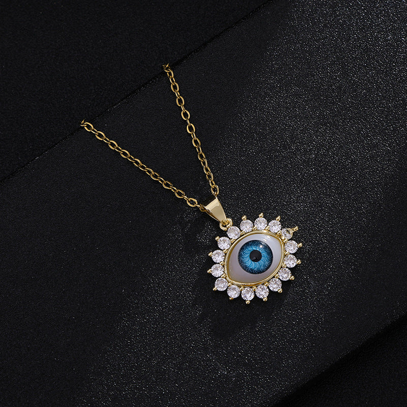 Collana vintage con occhio di Allah geometrico per uomo e donna in rame placcato oro su catena a maglie ovali