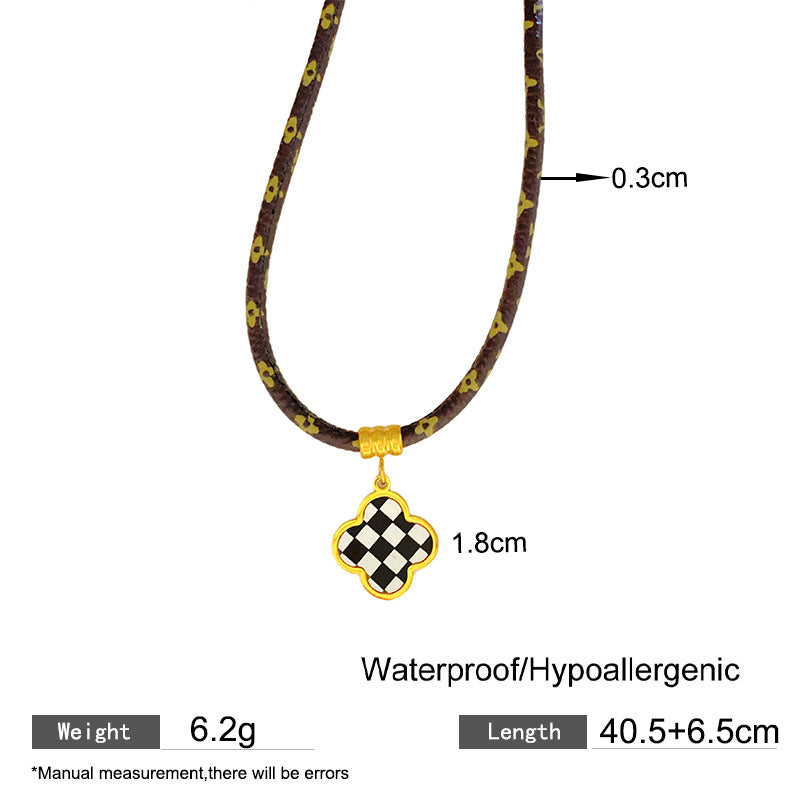Vintage Geometric Checkered Stainless Steel Clover Pendant Leather Necklace Unisex