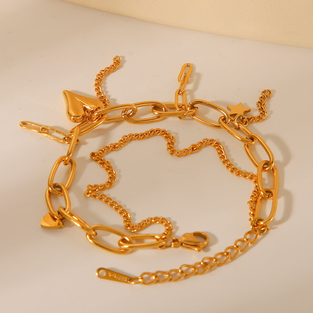 Fashionable 18K Gold Plated Stainless Steel Double Chain Bracelet with Star and Heart Charms for Women
