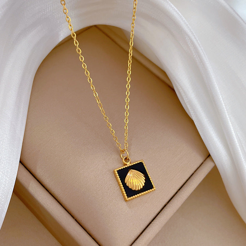 Minimalist Geometric Square Shell Pendant Necklace for Women Titanium Steel Plated with Real Gold Locket Chain