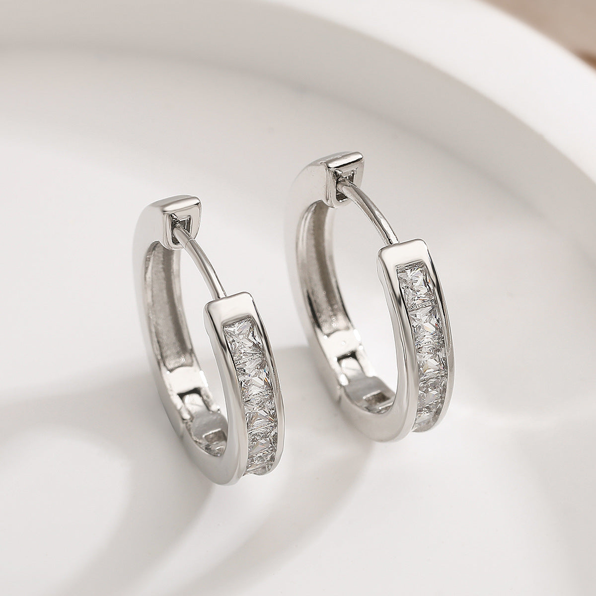 Minimalist Geometric Brass Plated Hoop Earrings with Cubic Zirconia for Women