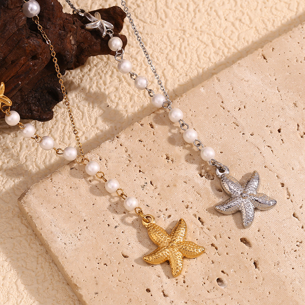 Collana pendente a forma di stella marina asimmetrica vintage con catena in acciaio inossidabile e placcatura in oro 18 carati con dettagli in perle