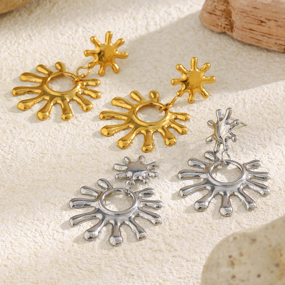 Minimalist Geometric Stainless Steel 18K Gold Plated Sun Stud Earrings for Women with Clean Line Design