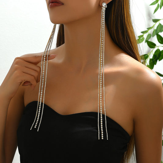 Geometric Fashion Office Lady Copper Earrings with Rhinestone Inlay Long Tassel Dangle Studs for Women