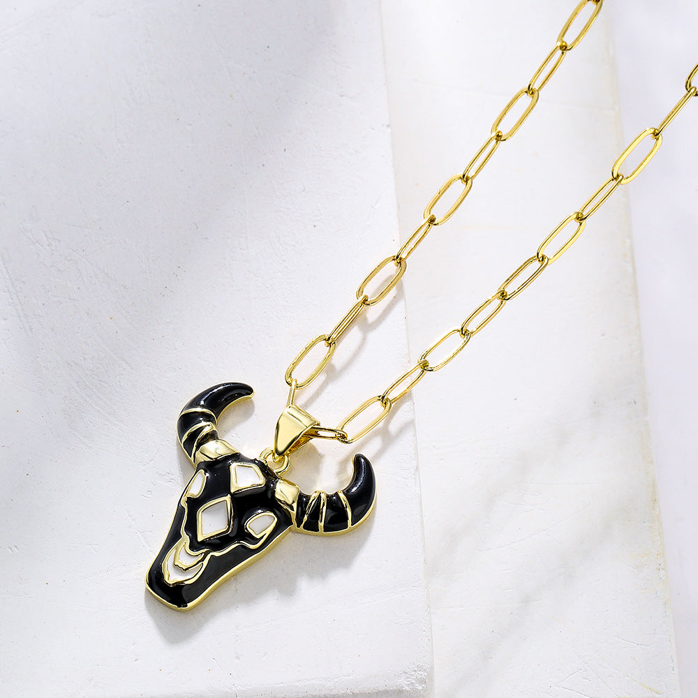 Minimalist Bull Pendant Necklace for Women in Copper with 18K Gold Plating and Enamel Finish
