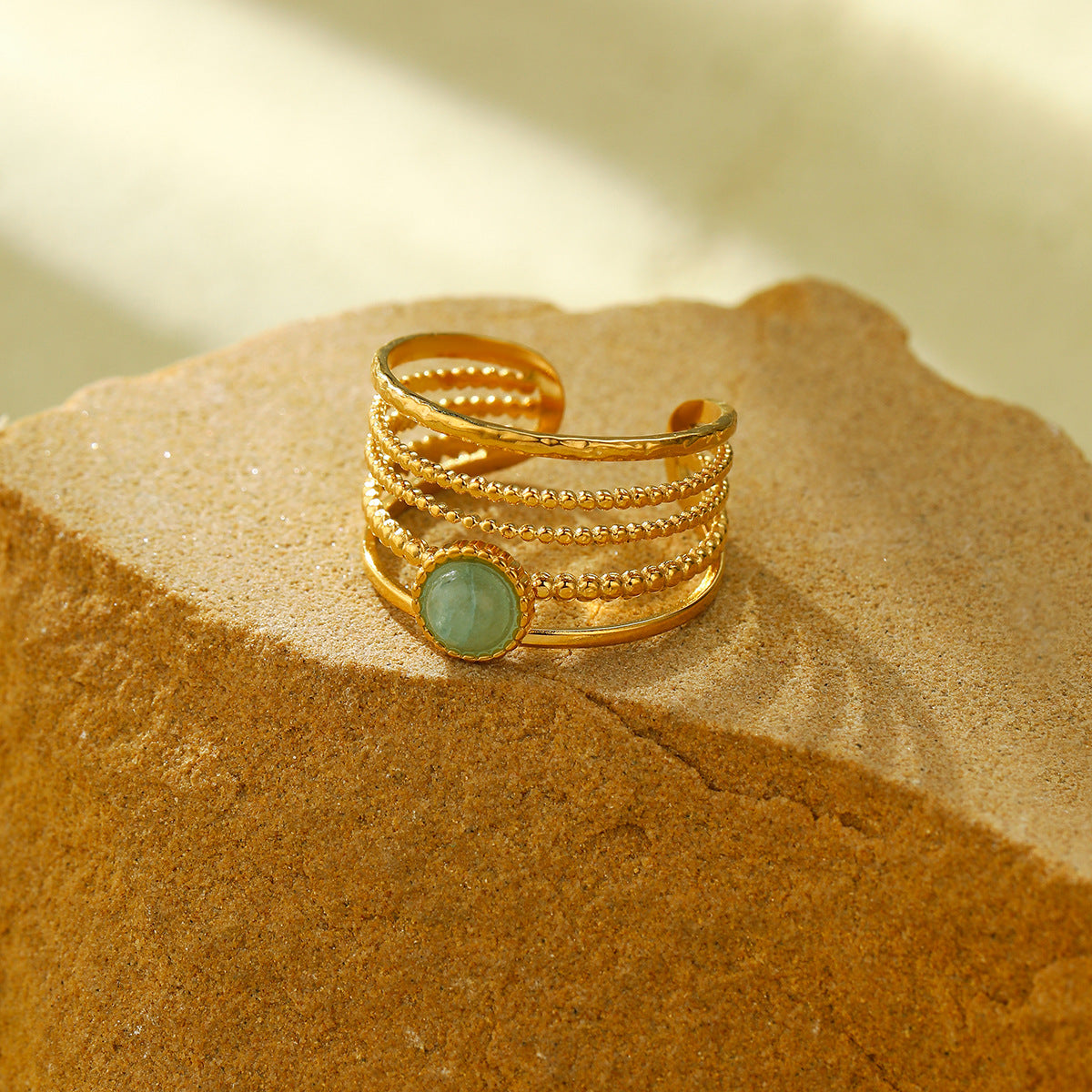 Fashionable Minimalist Round Titanium Steel Ring with 18K Gold Plating and Natural Green Aventurine Stone for Women