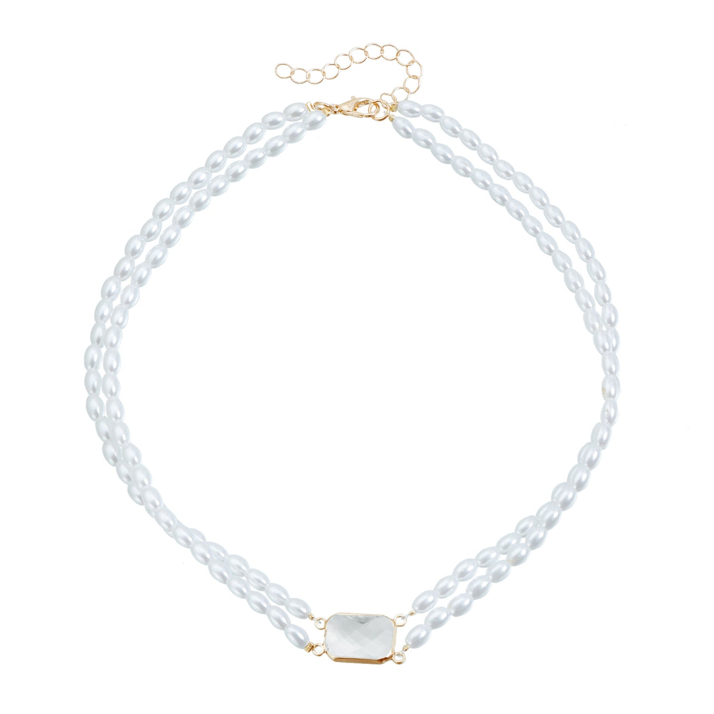 Fashion Double Layer Square Geometric Alloy Necklace with Rhinestone and Imitation Pearl for Women