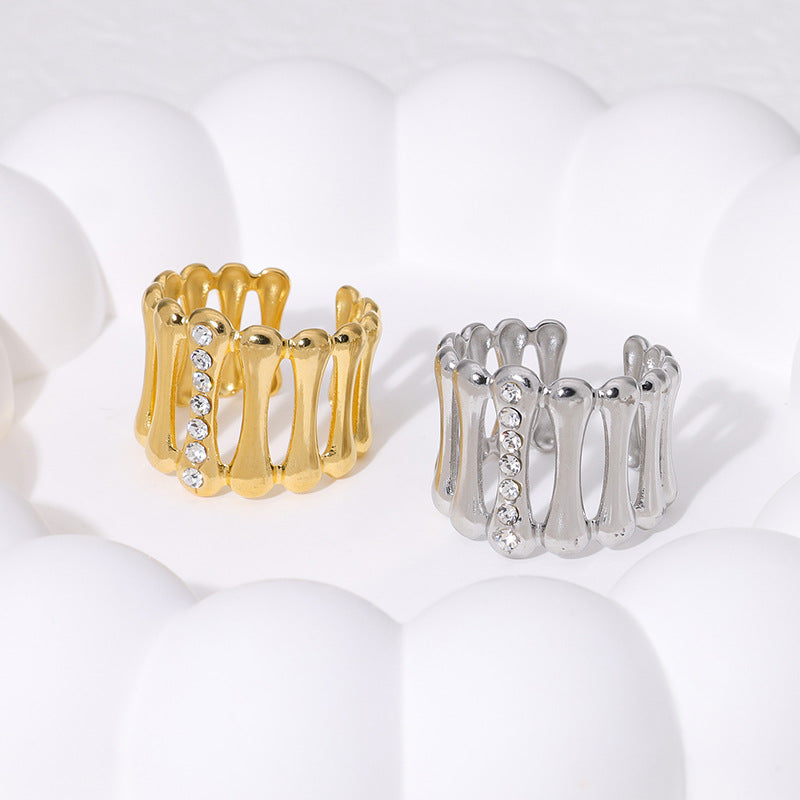 Minimalist Geometric Stainless Steel Open Ring for Women with 18K Gold Plating and Rhinestone Inlay