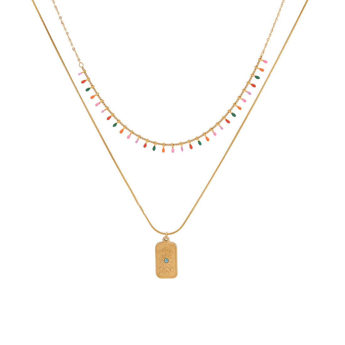 Fashionable Geometric Stainless Steel Double-Layer O-Chain Necklace with Enamel-Drop Pendant for Women