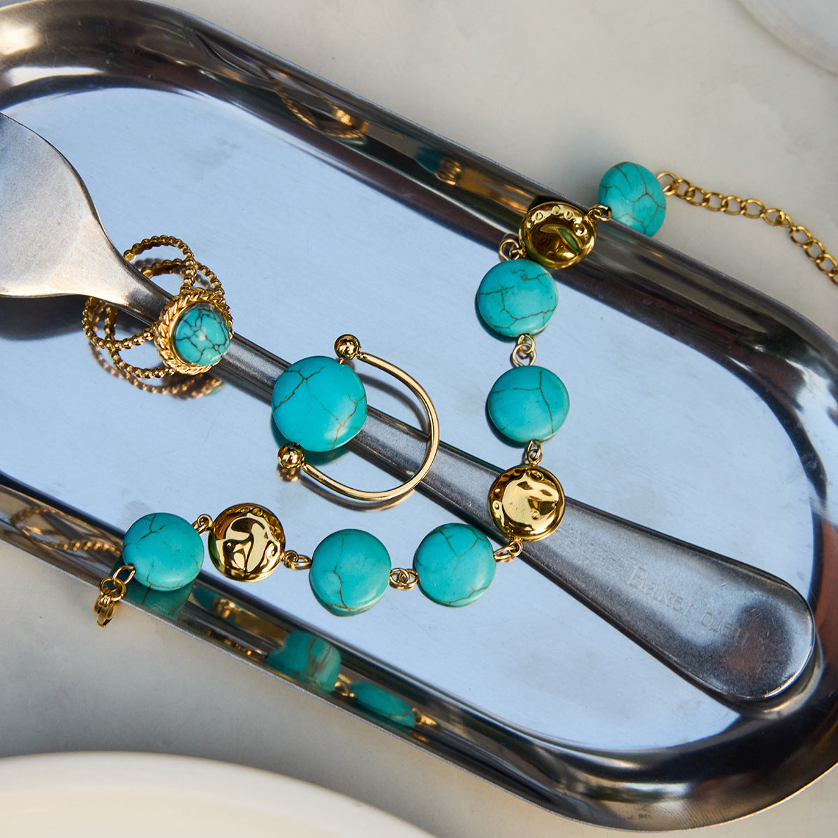 Pulsera Geométrica de Acero Inoxidable con Acentos de Turquesa para Mujer, Accesorio de Moda de Lujo Minimalista