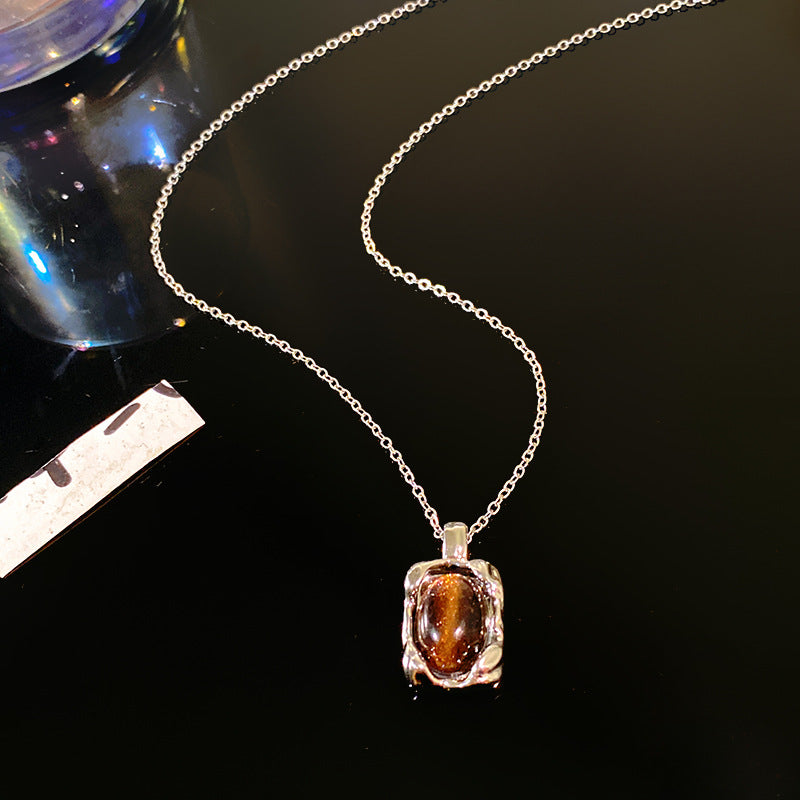 Minimalist Sweet Square Tiger's Eye Plated Titanium Steel Necklace Unisex Cable Chain