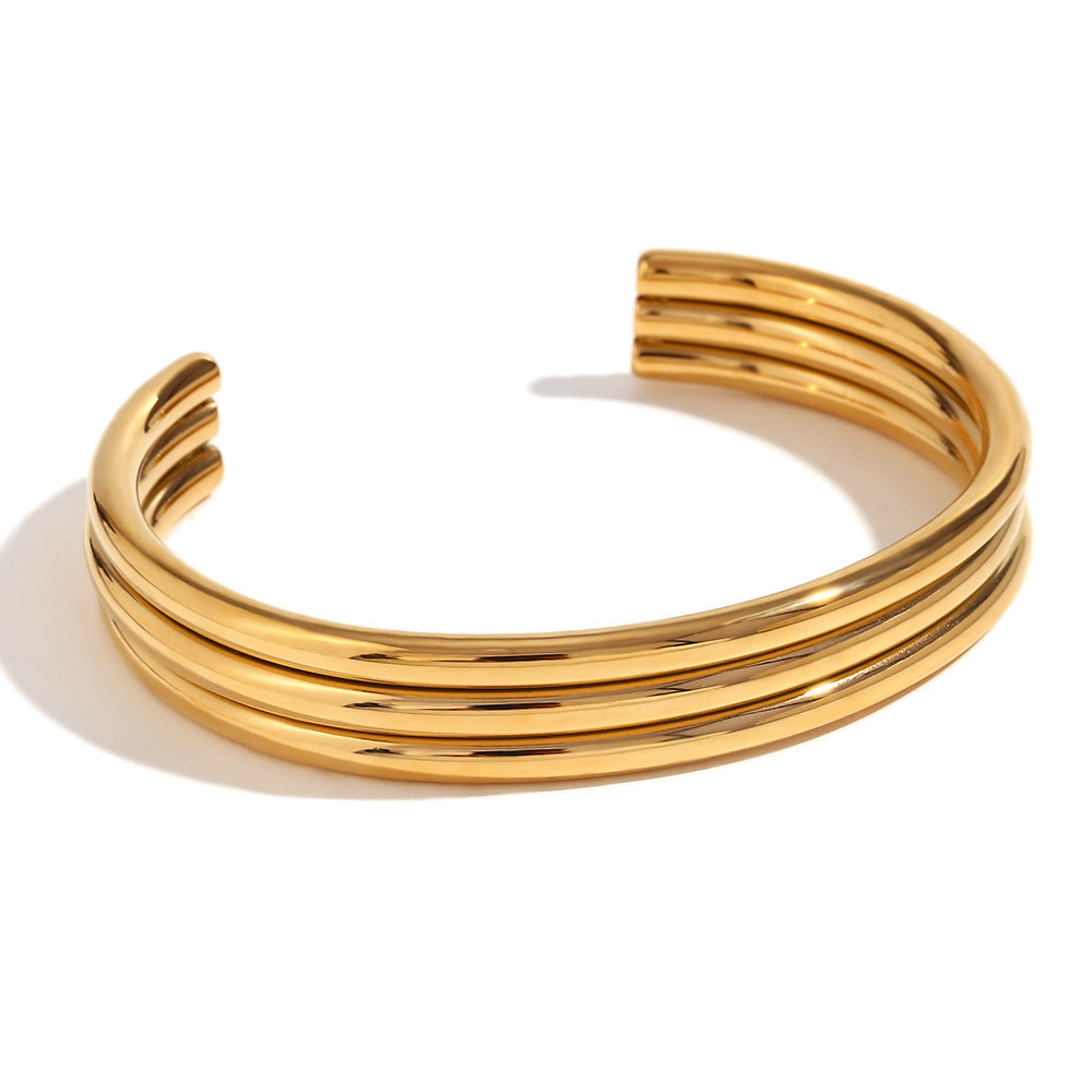 Minimalist Fashionable Open-Triple-Tube Polished Stainless Steel Bracelet with 18K Gold Plating for Women