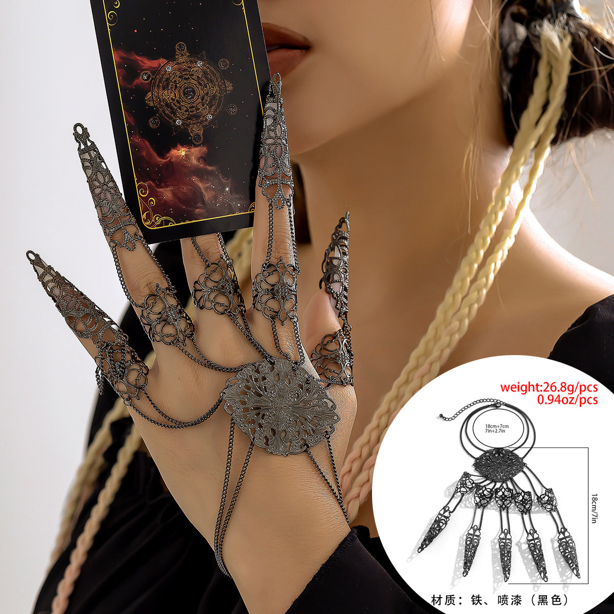 Gothic Style Geometric Pendant Finger Bracelet with Tassel and Chain Detail for Women