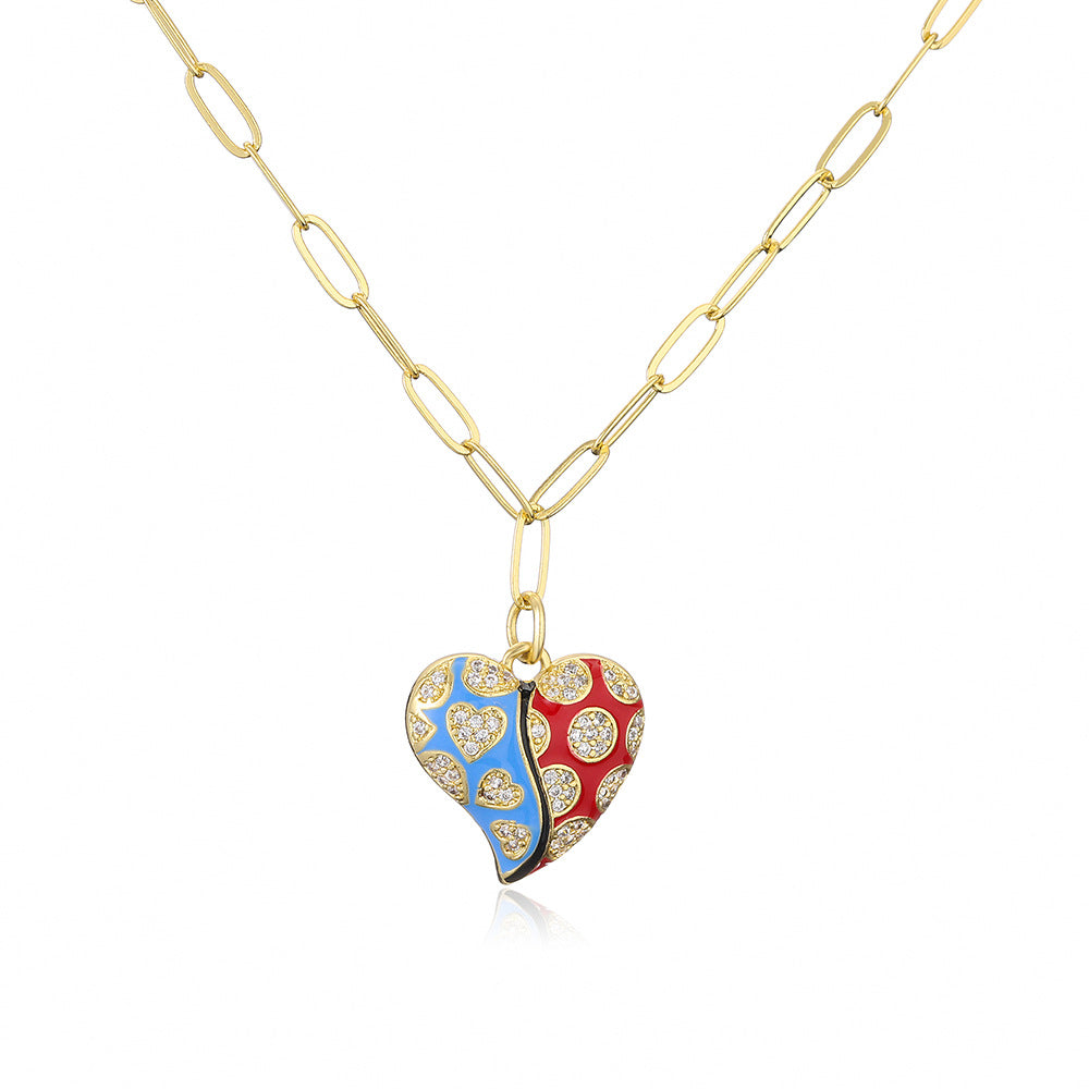 Retro Heart Pendant Necklace for Women with Copper Base Plated in 18K Gold and Enamel Finish, Set with Cubic Zirconia