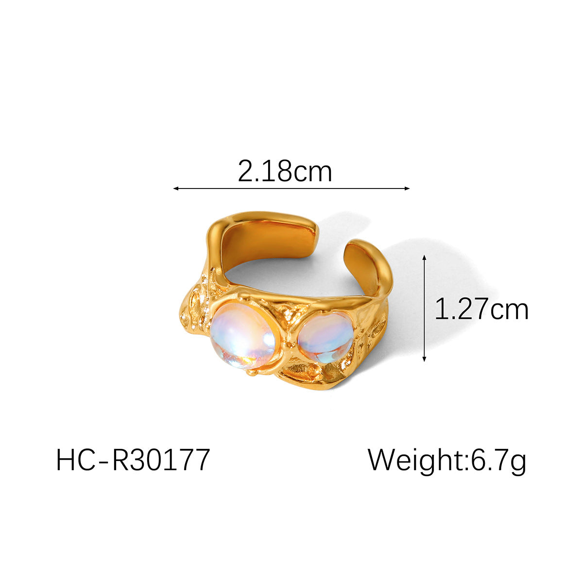 Vintage French Palace Style Hammered Texture Stainless Steel Ring with Zircon Inlay Moonstone Accent for Women