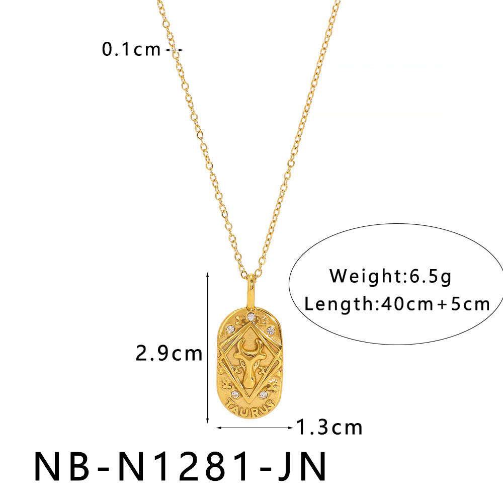 Minimalist Square Zodiac Pendant Necklace in Stainless Steel with Rhinestone Inlay and 18K Vacuum Plating for Women