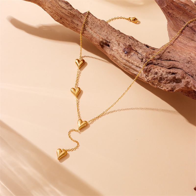 Gold Plated Stainless Steel Heart Charm Bracelet and Necklace Set for Women Fashionable Office Lady Commuting Jewelry
