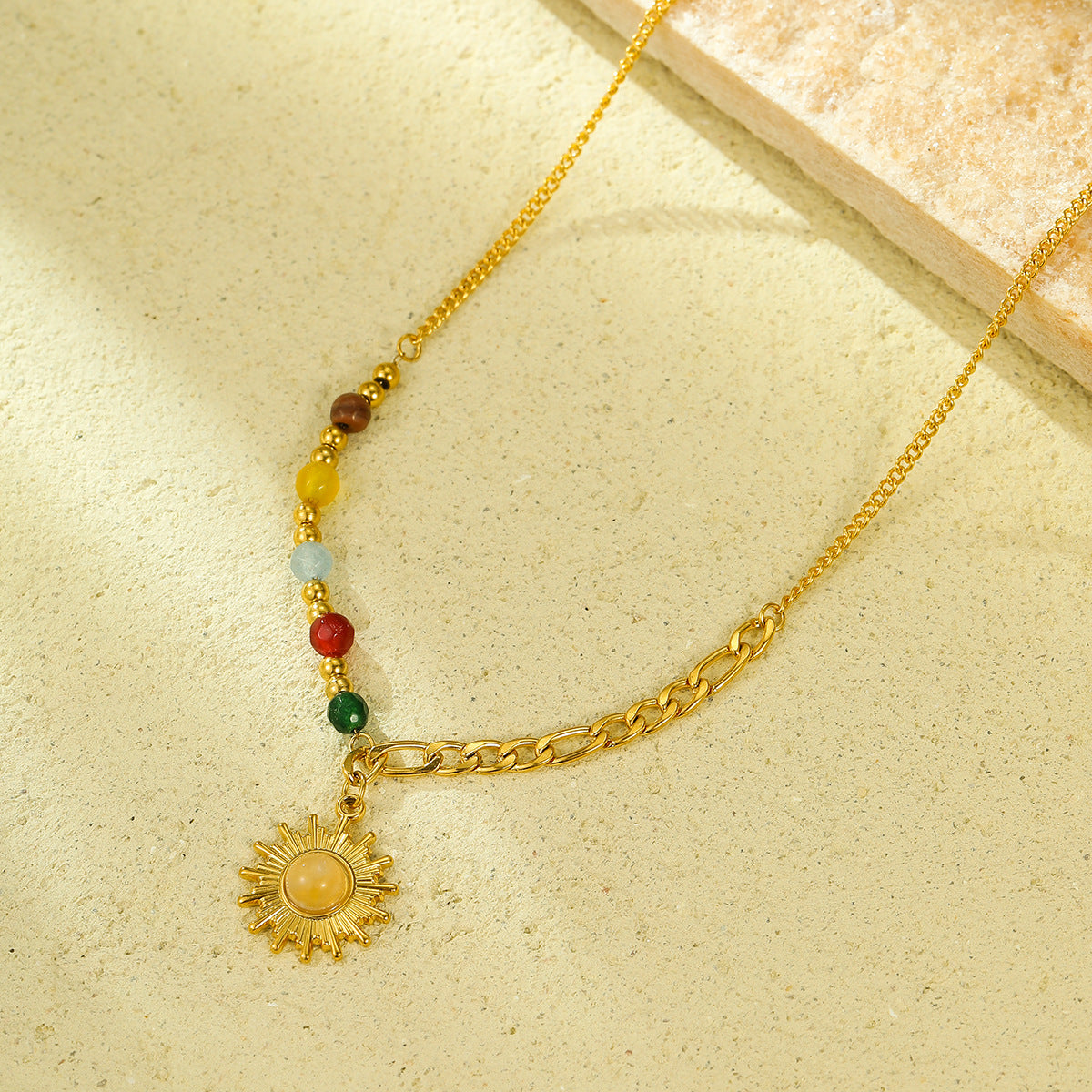 Collana Pendente Retrò Francese a Forma di Sole da Donna in Acciaio Inossidabile Placcato Oro, Gioielli con Catena a Medaglione Minimalista
